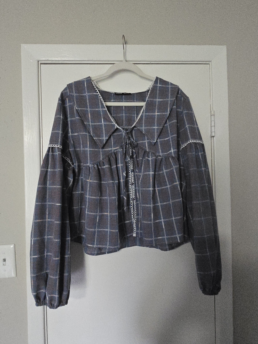 SHEIN Blue Plaid Peasant Blouse with Lace Tie